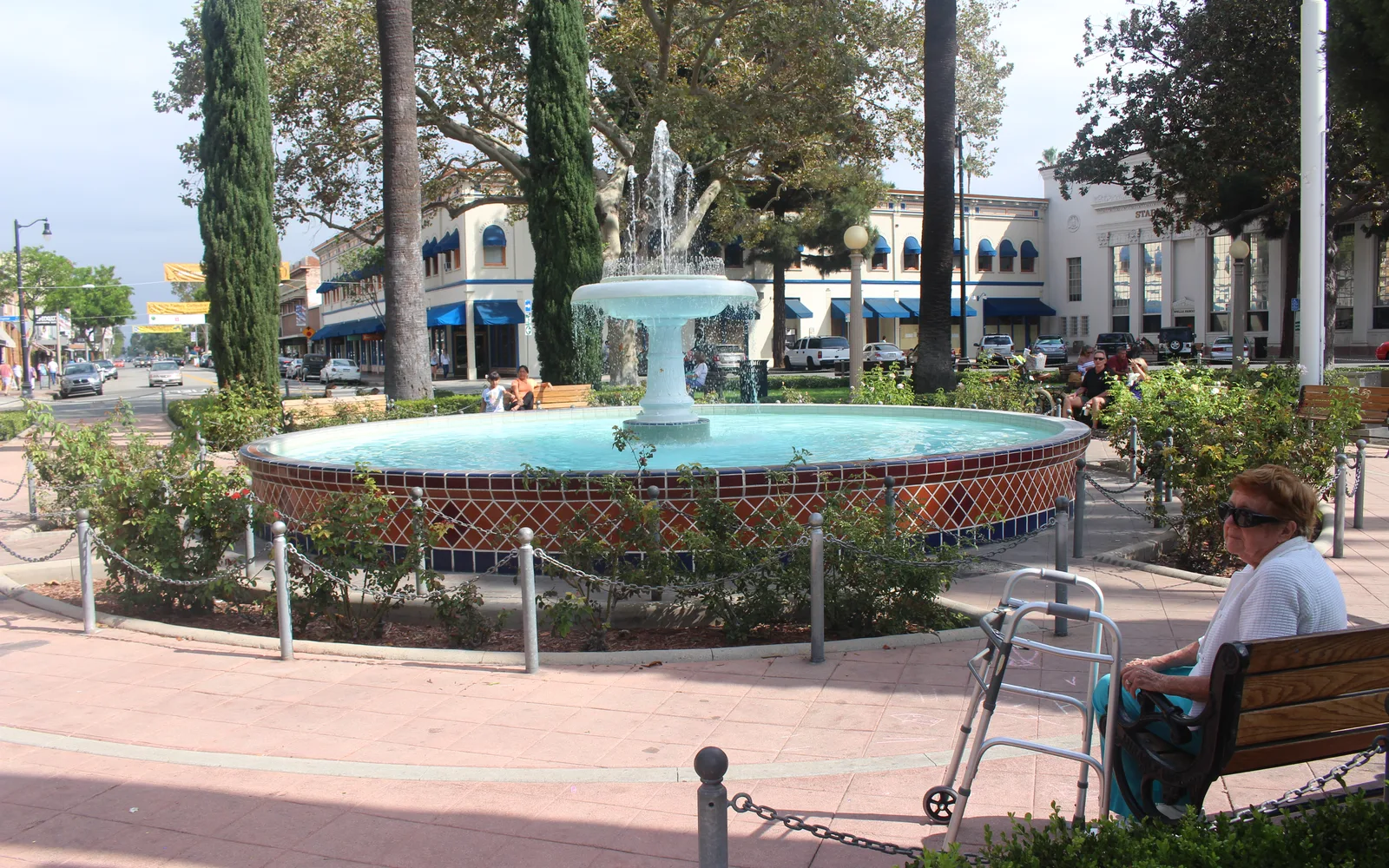 The fountain and plaza at the Orange Circle, a public gathering space